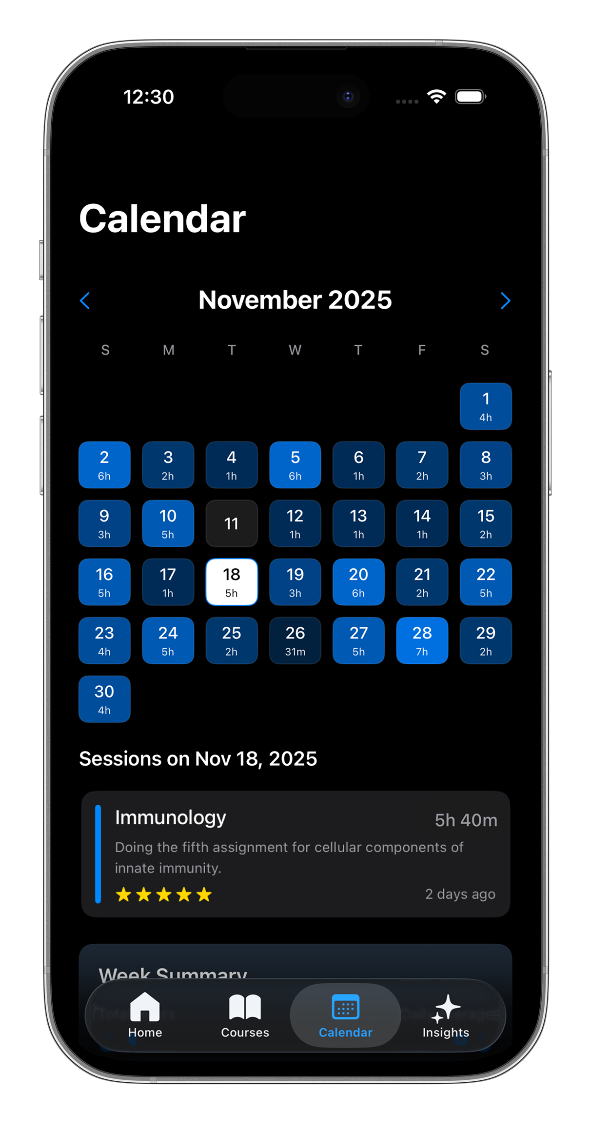 EstudyLog calendar streak view with contribution heatmap and daily study durations