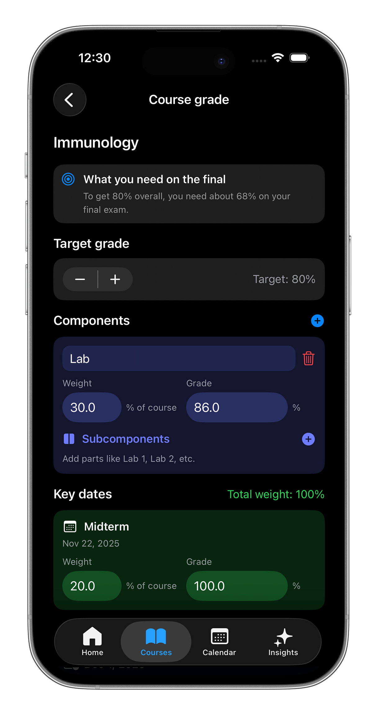 EstudyLog outcome predictor grade calculator showing required score, weight breakdown, and GPA safeguard target for the final exam